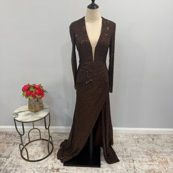 IEENA Mac Duggal Chocolate Brown Sequins Embellished Long Sleeve High Slit Gown